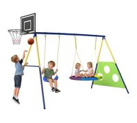 AIYAPLAY Balançoire Portique Enfants 4-en-1, avec Balançoire Nid, Panier de Basket et Cage de Football, Aire de Jeux Extérieure, Support en Acier, pour Âge 3-8, Multicolore