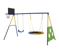 AIYAPLAY Balançoire Portique Enfants 4-en-1, avec Balançoire Nid, Panier de Basket et Cage de Football, Aire de Jeux, Multicolore
