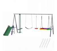 AIYAPLAY Balançoire Portique Enfants 5 en 1 avec Toboggan, 3 Balançoire, Face à Face, Hauteur Réglable, 3-8 ans, Multicolore