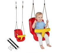 AIYAPLAY Balançoire pour Enfants, balançoire bébé extérieure avec Dossier Haut et Barre de sécurité, Hauteur Ajustable, intérieur et extérieur, Rouge et Jaune