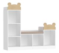 AIYAPLAY Bibliothèque Enfant, Meuble Rangement Enfant 3 en 1 avec Banc, 6 Compartiments, 2 Étagères, Coussin d'Assise, Blanc