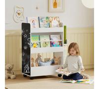 AIYAPLAY Bibliothèque pour Enfants 3-8 Ans à Deux Faces, Étagère Porte-jouets avec Roulettes et Tableau Noir, Blanc