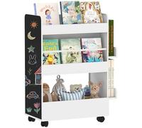 AIYAPLAY Bibliothèque pour enfants, étagère pour enfants avec 4 étagères, compartiment inférieur, 2 panneaux latéraux, bibliothèque double face pour enfants avec tableau, roulettes, pour chambre