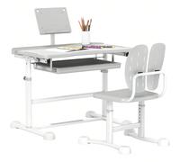 AIYAPLAY Bureau enfant avec chaise, ensemble bureau et chaise pour enfants avec réglable en hauteur, plateau incliné 45°, tiroir et support de livre, pour enfants de 3 à 12 ans, gris Descriptions Long