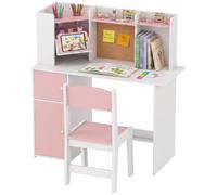 AIYAPLAY Bureau Enfant avec Chaise, Support de Tablette Réglable, Rose | Table d'Étude en Bois, Porte-Stylos, Panneau en Liège, Étagères Ouvertes, 2 Placards, Pour Étudier, Lire, Dessiner, 5-12 Ans