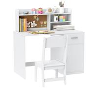 AIYAPLAY Bureau Enfant avec Chaise, Table Enfant et Chaise, tiroir, Placard, Compartiments Ouverts, Tableau en liège, Table pour l'étude, Le Travail et l'écriture, 3-12 Ans, 90,2x48,1x 90,8cm, Blanc