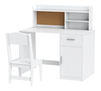 AIYAPLAY Bureau enfant avec chaise, table enfant et chaise, tiroir, placard, compartiments ouverts, tableau en liège, blanc