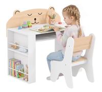 AIYAPLAY Bureau et Chaise pour Enfant 2 Pièces avec Bibliothèque Blanc | Ensemble Table d'Activité, Espace de Rangement Ouvert, pour Dessin, Lecture et Jeux dans Chambre ou Salle de Jeu, 3 à 8 Ans