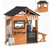 AIYAPLAY Cabane Enfant extérieur en Bois, Maison Enfant extérieur/intérieur avec Cuisine de Jeu, comptoir de Service, fenêtres, Porte et Banc, maisonnette de Jeu pour 3-8 Ans, 171,5x146x156cm, Marron