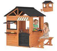 AIYAPLAY Cabane enfant extérieur en bois, maison enfant extérieur/intérieur avec cuisine de jeu, fenêtres, porte et banc, marron