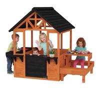 AIYAPLAY Cabane Enfant extérieur en Bois, Maison Enfant extérieur/intérieur, Table, bancs, évier, Porte, fenêtre et Supports de Fleurs, maisonnette de Jeu pour 3-8 Ans, 166,3x112,5x139,7cm, Marron