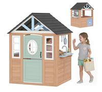 AIYAPLAY Cabane enfant extérieur en bois, maison enfant extérieure avec chatière, cuisine de jeu, porte et fenêtres, bois naturel