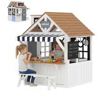 AIYAPLAY Cabane enfant extérieur en bois, maison enfant extérieure avec chatière, ustensiles de cuisine, banc et sonnette, blanc