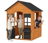 AIYAPLAY Cabane Enfant extérieur en Bois, Maison Enfant extérieure avec Demi-Porte, fenêtres, bacs à Fleurs, maisonnette de Jeu pour 3-8 Ans, Jeu imaginatif, 110,6 x 106,6 x 138 cm, Marron Clair