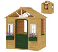 AIYAPLAY Cabane enfant extérieur en bois, maison enfant extérieure avec porte, fenêtres, 2 bacs à fleurs, 134,5x97x150cm, marron