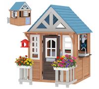 AIYAPLAY Cabane enfant extérieur en bois, maison enfant extérieure/intérieure avec chatière, cuisine de jeu, marron