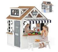AIYAPLAY Cabane Enfant extérieur en Bois, Maison Enfant extérieure/intérieure avec chatière ustensiles de Cuisine Tableau Noir Banc et Sonnette, maisonnette de Jeu pour 2+ Ans, 136x117x153,5cm, Blanc