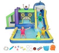 AIYAPLAY Château gonflable 8-in-1 design requin avec souffleur toboggan piscine trampoline pour 3-8 ans 405x345x235cm Multicolore