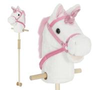AIYAPLAY Cheval de bâton licorne avec roues en bois, sons de hennissement et de galop du vrai poney, poignée de préhension, peluche licorne cheval de loisir, 95 cm, blanc (piles LR44 nécessaires)