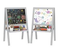AIYAPLAY Chevalet enfant peinture double face avec tableau blanc et tableau noir, étagères de rangement incluse, de 18 à 48 mois, gris