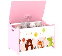 AIYAPLAY Coffre à jouets enfant en bois avec couvercle rabattable, motif animal, coffre de rangement enfant avec charnières de sécurité, pour salon, salle de jeux, chambre d'enfant, rose
