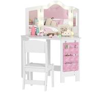 AIYAPLAY Coiffeuse Enfant 2 en 1 avec Tabouret, Bureau Fille avec Miroir triptyque et lumières LED Bicolores, Pochette de Rangement latérale, Table de Maquillage pour Enfants de 3 à 8 Ans, Blanc