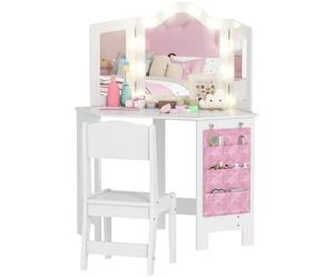 AIYAPLAY Coiffeuse Enfant 2 en 1 avec Tabouret, Bureau Fille avec Miroir triptyque et lumières LED Bicolores, Pochette de Rangement latérale, Table de Maquillage pour Enfants de 3 à 8 Ans, Blanc