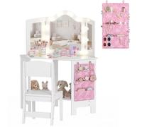 AIYAPLAY Coiffeuse Enfant 2 en 1 avec Tabouret, Miroir Triptyque, Blanc | Coiffeuse Bureau Fille, Lumières LED Bicolores, Pochette de Rangement Latérale, Table de Maquillage, Enfants de 3 à 8 Ans