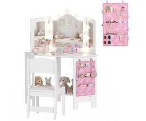 AIYAPLAY Coiffeuse Enfant 2 en 1 avec Tabouret, Miroir Triptyque, Blanc | Coiffeuse Bureau Fille, Lumières LED Bicolores, Pochette de Rangement Latérale, Table de Maquillage, Enfants de 3 à 8 Ans