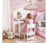 AIYAPLAY Coiffeuse enfant 2 en 1 avec tabouret miroir triptyque et lumières LED bicolores 93,6 x 48,5 x 111,5 cm blanc
