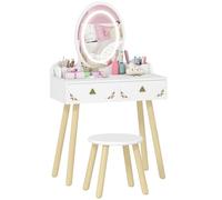 AIYAPLAY Coiffeuse Enfant en Bois 2 en 1, Bureau Enfant Fille avec Miroir à LED 3 Couleurs et Tabouret, Table de Maquillage avec 2 tiroirs et 2 casiers de Rangement Amovibles, 60x30x99,3cm, Blanc