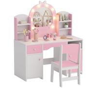 AIYAPLAY Coiffeuse Enfants avec Tabouret et Miroir en Bois 3-8 Ans Rose | Coiffeuse Bureau Fille, Miroir Lumineux à 2 Couleurs en Acrylique, Table de Maquillage avec Placards, Tiroir et Étagères