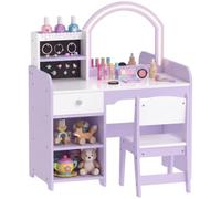 AIYAPLAY Coiffeuse Enfants avec Tabouret et Miroir en Bois 3-8 Ans Violet | Coiffeuse Bureau Fille, Miroir Lumineux à 2 Couleurs en Acrylique, Table de Maquillage, Porte-bijoux, Tiroir, Compartiments