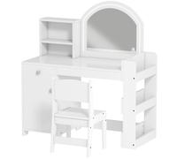 AIYAPLAY Coiffeuse maquillage pour fille Coiffeuse enfant avec tabouret et miroir à LED 1 tiroir armoire et 5 étagères blanc
