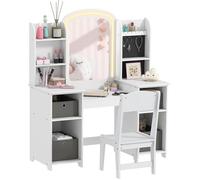 AIYAPLAY Coiffeuse pour Enfants avec Miroir LED et Tabouret Bois et Tissu Blanc