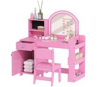 AIYAPLAY Coiffeuse pour enfants avec miroir LED et tabouret bois rose avec tiroir et étagères