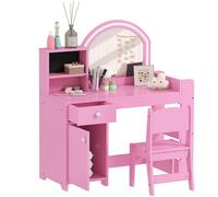 AIYAPLAY Coiffeuse pour Enfants avec Tabouret et Miroir LED, Coiffeuse Fille en Bois avec tiroir, Placard, 2 Compartiments Ouverts et 3 étagères, Table de Maquillage pour 3 à 8 Ans, Rose