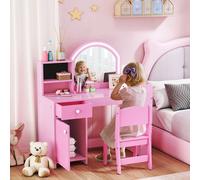 AIYAPLAY Coiffeuse pour enfants avec tabouret et miroir LED, table de maquillage pour 3 à 8 ans, 88,6 x 38,8 x 96,9 cm, rose