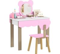 AIYAPLAY Coiffeuse pour enfants Coiffeuse avec tabouret Miroir Tiroirs Accessoires, Set de table de maquillage au design d'ours, Coiffeuse pour enfants 3-8 ans
