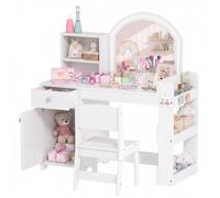 AIYAPLAY Coiffeuse pour Enfants, Tabouret, Miroir LED, 3 à 8 Ans, Blanc | Coiffeuse Bureau Fille en Bois, Tiroir, Placard, 2 Compartiments Ouverts, 3 Étagères, Table de Maquillage