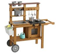 AIYAPLAY Cuisine boueuse pour enfants en bois avec robinet, évier, bac à plantes, roulettes, espace de rangement, cuisinière, accessoires en acier inoxydable, cuisine pour enfants de 3 à 6 ans, marron