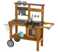 AIYAPLAY Cuisine de boue pour enfants - Cuisine de jeu extérieure en bois avec robinet, évier, bac à plantes, roues, rangement pour 3-6 ans Brun