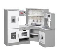 AIYAPLAY Cuisine de Jeu d'angle avec Son pour 3+ Ans Gris | Cuisine en bois pour enfants: cuisinière, four, évier & robinet, micro-ondes, lave-linge, machine à glaçons & accessoires