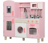 AIYAPLAY Cuisine en bois pour enfants à partir de 3 ans Cuisine en bois pour enfants avec son, plaque de cuisson, four, robinet, évier micro-ondes, machine à glaçons et accessoires de cuisine Rose