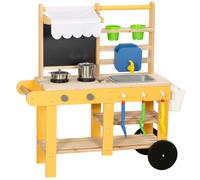 AIYAPLAY Cuisine enfant en bois avec roulettes, cuisine enfant exterieur avec eau courante, évier, plaque de cuisson, jaune