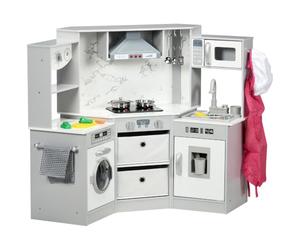 AIYAPLAY Cuisine Enfant en Bois Jouet d'Imitation Coin 3-6 Ans Gris Blanc | Effet Sonore, 17 Accessoires, Légumes en Plastique, Boutons et Lumières, Toque, Tablier, Torchon