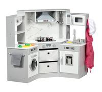AIYAPLAY Cuisine Enfant en Bois, Jouet d'imitation Coin pour Enfant, avec 17 Accessoires, légumes en Plastique Boutons et lumières, Toque, Tablier, torchon, 3-6 Ans, Gris Blanc