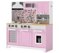 AIYAPLAY Cuisine Jouet en Bois avec Accessoires en Acier Inoxydable Cafetière Machine à Glaçons Évier Plaques Rose