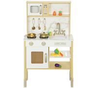 AIYAPLAY Cuisinette en bois avec sons, accessoires en acier inoxydable, légumes à découper, dorée