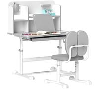 AIYAPLAY Ensemble Chaise et Bureau pour Enfants 3-12 Ans, réglable en Hauteur, Bureau Scolaire avec Plateau inclinable à 45°, tiroir, étagère, Porte-stylos et Repose-Livres, Acier et MDF, Gris